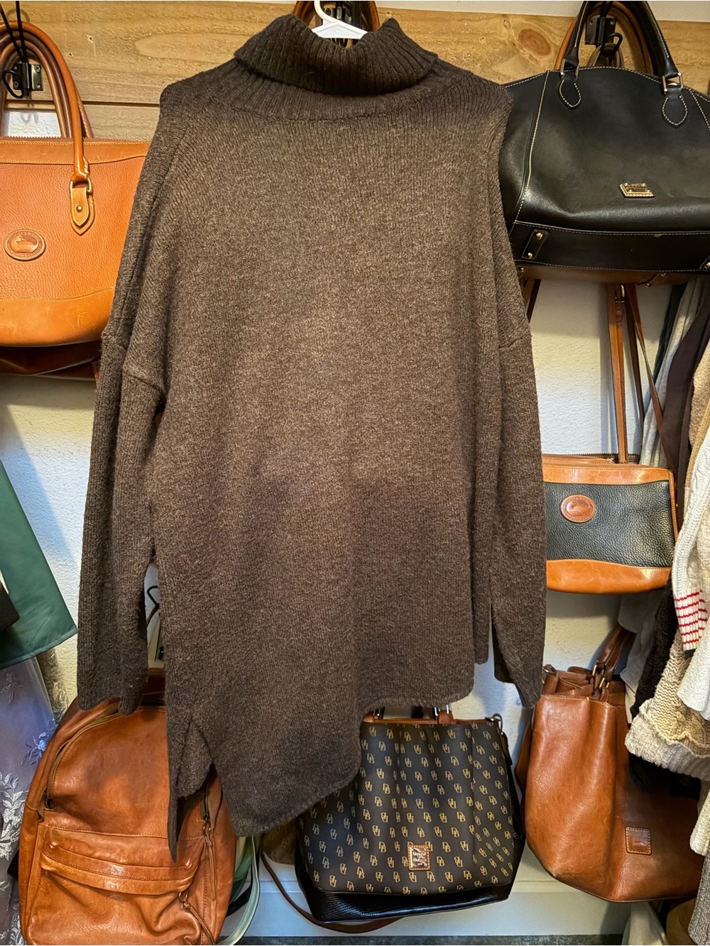 Women’s brown turtleneck sweater.